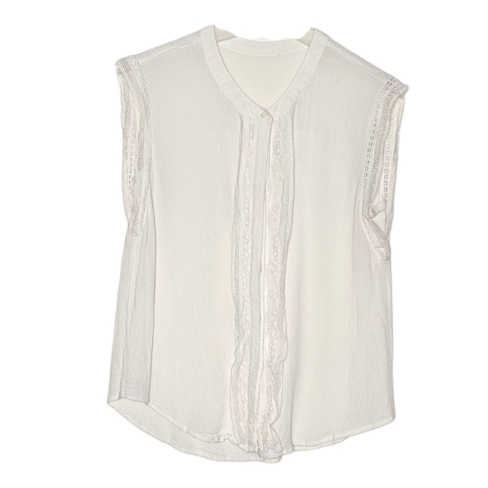White Semi-sheer Sleeveless Crewneck Crochet Lace Blouse Hidden Buttons medium